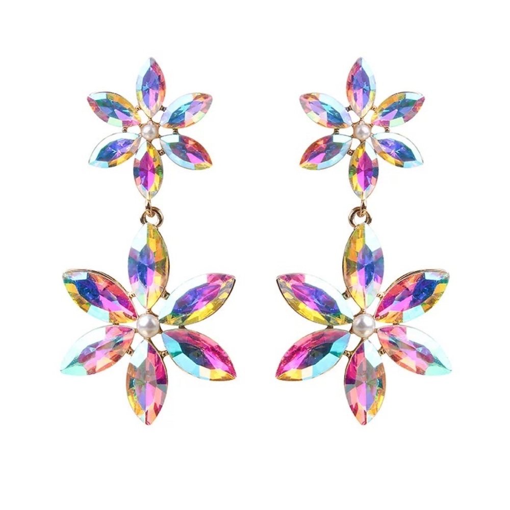 Women Crystal Flower Long Shining Earring - Picture 1 of 6